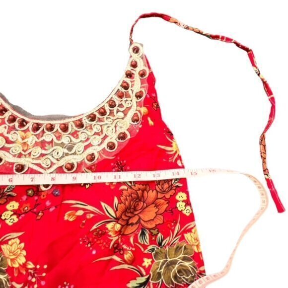 Beaded Crochet Trim Halter Tank Top Red‎ Floral XS S BOHO Hippie Western Beach - Picture 9 of 12